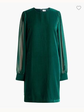 J. Crew Factory Emerald Green Velvet Shift Dress with Sheer Long Sleeves